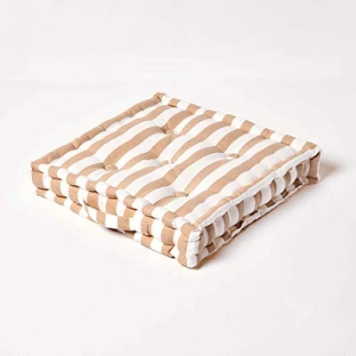 Image of HOMESCAPES Thick Stripe Beige 100% Cotton Floor Cushion Mink Natural 40 x 8 cm Square Indoor Garden Dining Chair Booster Seat Pad