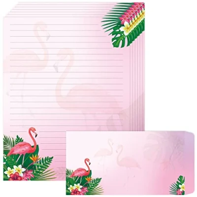 Image of Stationary Paper, Flamingo Design Stationery set, 8.5x11 Inches Lined Letter Writing Paper with Envelopes 48 Sheets +24