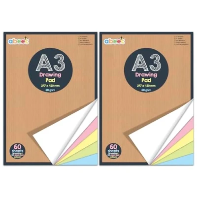 Image of abeec A3 Drawing Pad x2 Pack, Paper with 20 Sheets of White and 40 Assorted Coloured Sketch Pastel