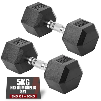 Image of Gallant 5kg Dumbbells Pair Rubber Encased Chrome Handle Cast Iron Hex Weights Set for Men &amp; Women, Weight Lifting Strength Training Equipment Home Fitness Gym (2 x 5kg)