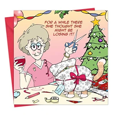 Image of Twizler Merry Christmas Card with Wine &amp; Cat Happy Xmas Funny Womens for Her Female