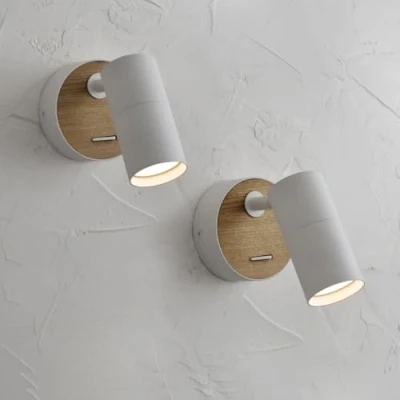 Image of Wall Light with Switch White, 2 x Wooden Sconces Vintage Aluminium Adjustable Lampshade, Industrial for Indoor Compact Bedrooms, Hallways, Office, Living Room, Gu10