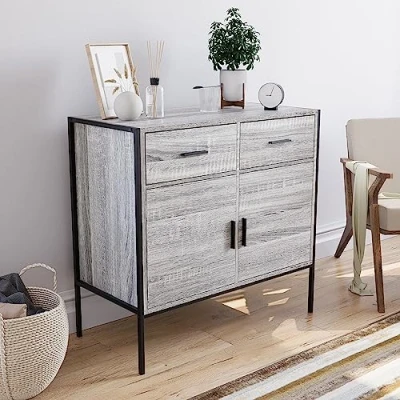 Image of Vida Designs Brooklyn 2 Door Drawer Sideboard Industrial Rustic Cabinet, Living Room Furniture (Grey)