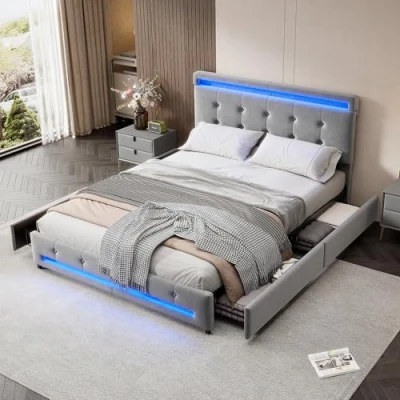 Image of ModernLuxe Double Bed Frame, 4FT6 Upholstered with Storage Drawers 4, Wooden Frame Soft Backrest and Light Strips, Sturdy Metal Underbed Bracket, Velvet Grey, 135x190cm