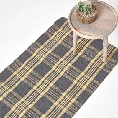 Image of HOMESCAPES Tartan Rug Handwoven Yellow &amp; Grey 100% Wool Non Slip Rug, &#039;Douglas&#039; Check Hallway Runner, 66 x 200 cm