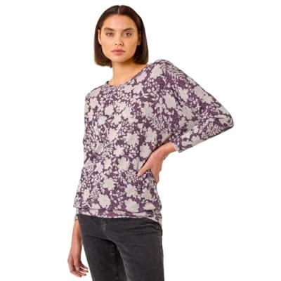 Image of Roman Originals Blouson Top for Women UK Ladies Drop Shoulder Long Sleeve Jersey Stretchy Oversized Casual Office Jumper Soft Everyday Sweater Lounge Sweatshirt Blouses Pink Purple Size 14