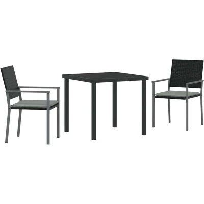 Image of vidaXL 3 Piece Garden Dining Set with Cushions Black Poly Rattan