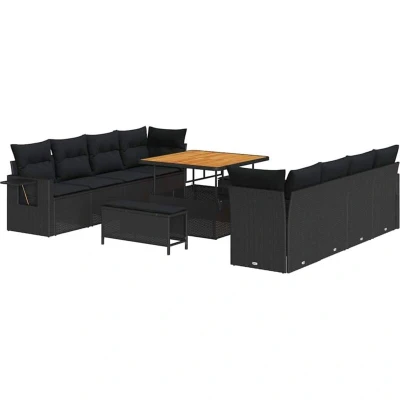 Image of vidaXL 11 Piece Garden Sofa Set with Cushions Black Poly Rattan Acacia