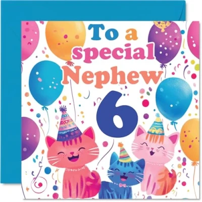 Image of 6th Nephew Birthday Card Cute Cats Special Happy for from Auntie Uncle, 145mm x Age 6 Six Greeting Cards