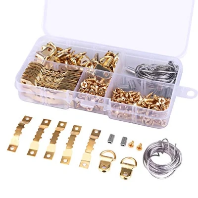 Image of Picture Hangers Photo Frame Hooks, Stainless Steel Kit D Ring &amp; Serrated with Screws and Storage Box for Home Office Painting Hanging (Golden)