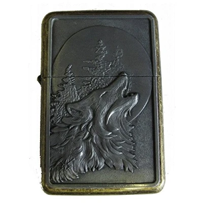 Image of Lucy G WOLF DESIGN 3 PETROL LIGHTER IN GIFT TIN (Antique Brass)