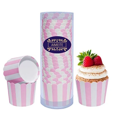 Image of AIMEITE Set of 24 Paper Cake Cases Mini Baking Cups Liners Cupcake Muffin Stripes Wrappers (Pink)