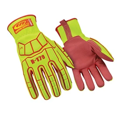 Image of Ringers Gloves R179 08 Synthetic Leather Palm Slip On CE Cut 5 Work Gloves, Yellow/Red, Small