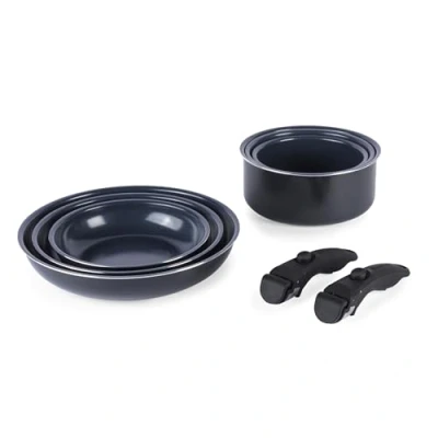 Image of Russell Hobbs RH03321EU7 Smart Clip Pot and Pan Set 8 Piece Ceramic Non Stick Frying Pans &amp; Saucepans with 2 Detachable Handles, Stackable Design, PFAS Free, Induction Oven Safe, Marine, Navy Blue