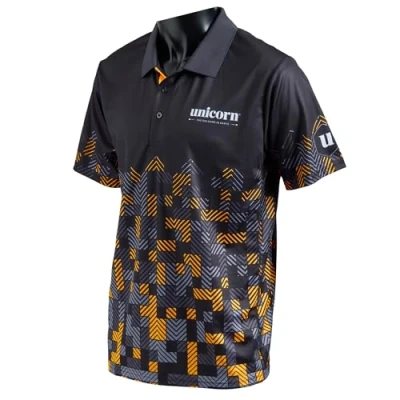 Image of Unicorn Darts Shirt Pro Tech Digital Cool Breathable Soft Feel Micro Mesh 3 Tuk Polyester Black &amp; Orange with White Text to Chest and Logo Left Sleeve XXXL fit 47 50 inches
