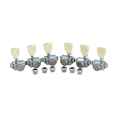 Image of Guyker 3x3 Vintage Style Locking Guitar Machine Heads 1:15 Ratio Lock String Chrome Deluxe Tuning Key Pegs Tuners Set Replacement for Electric, Acoustic or Folk Guitars GK44sp, White Button