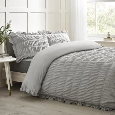 Image of Catherine Lansfield Seersucker Frill Single Duvet Cover Set with Pillowcase Silver Grey