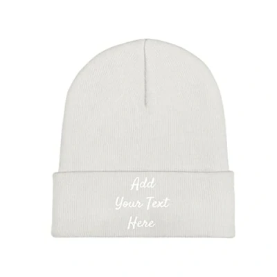 Image of Custom Knitted Beanie Hats Slouch White Add Your Text Here Unisex Skull Cap