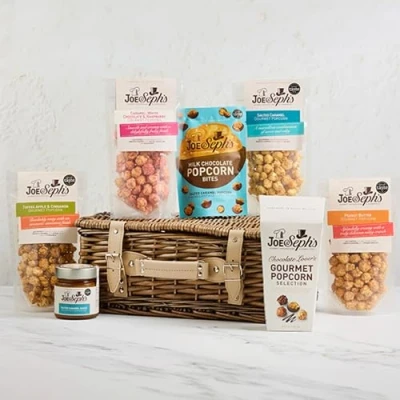 Image of Joe &amp; Sephs Gourmet Popcorn Hamper Gift, Best Selection with Salted Caramel Sauce, Chocolate Bites, Luxury Wicker Basket and Gift Card, Perfect for Lovers