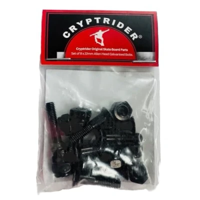 Image of CRYPTRIDER Original Skateboard Bolts Parts Set of 8 x 22mm Allen Head Premium Galvanised Bolts.