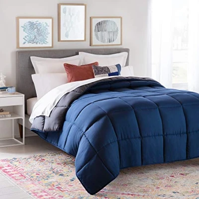Image of Linenspa Comforter Duvet Insert, Down Alternative, Box Stitched, All Season Microfiber, Bedding for Kids, Teens, or Adults Navy/Graphite Oversized King