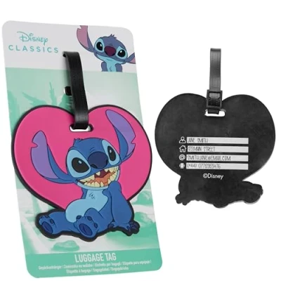 Image of Disney Luggage Tags for Suitcase, Baggage Identification Travel Name Address (Blue/Pink Stitch)
