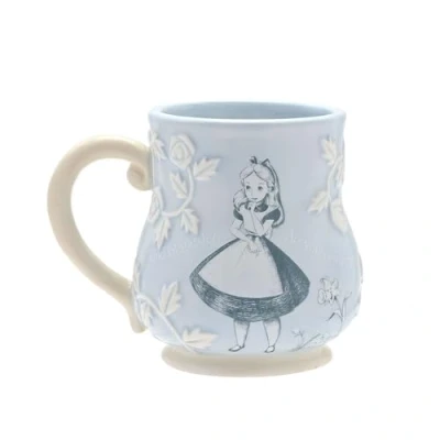 Image of Disney Alice in Wonderland Ceramic Blue Embossed Mug &#039;What Kind of Garden Do You Come from?&#039; Decor &amp; Homeware for Kitchen, Party Serving Dining H: 10cm x W: 12cm D: 9cm.