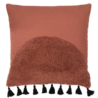 Image of furn. Radian Semi Circle Tufted Cotton Tasselled Feather Filled Cushion Burgundy One Size