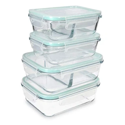 Image of Navaris Glass Food Container Set Mixed of 4 Storage Containers with Lids Airtight, Leakproof, Oven, Microwave, Freezer and Dishwasher Safe