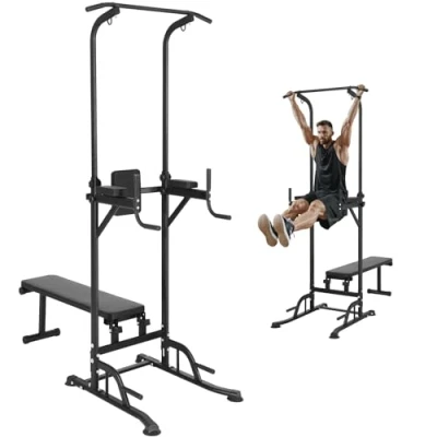 Image of VEVOR Power Tower with Bench, 10 Level Height Adjustable Pull Up Bar Stand Dip Station &amp; Detachable Multi Function Home Gym Strength Training Fitness Equipment Backrest, Elbow Pads, 440LBS