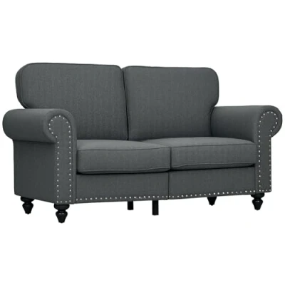 Image of HOMCOM 2 Seater Sofa, Fabric Sofa Couch with Nailhead Trim Rolled Arm and Slatted Wood Frame, Upholstered Loveseat Settee for Living Room, Bedroom, Home Office, Charcoal Grey