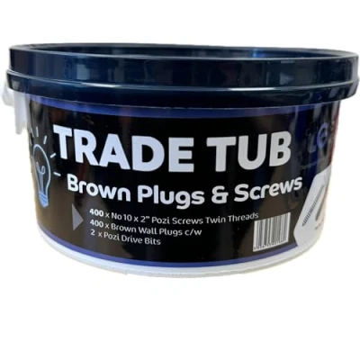 Image of TEWTub 2 Brown Plugs and Screws 400 x Wall 2&quot; No10 Pozi Twin Thread c/w Drive Bits