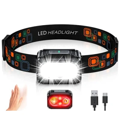 Image of ISEYOU Head Torch Rechargeable, Super Bright Lightweight Headtorch with Red Warning Lights, Motion Sensor Control, 5 Light Modes, 26 Hrs Runtime IPX4 Waterproof Headlamp for Running, Hiking
