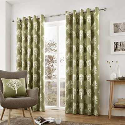 Image of Fusion Woodland Trees 100 Percent Cotton Pair of Eyelet Curtains Green 66&quot; Width x 54&quot; Drop (168 137 cm)