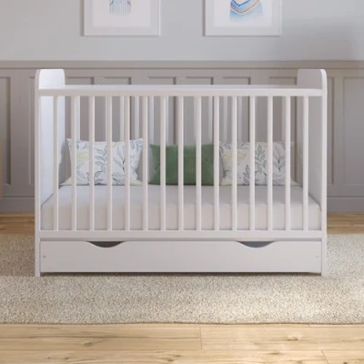 Image of Love For Sleep LEVI Baby Cot Bed 120x60cm Wooden Convertible Toddler with Large Drawer and Quilted Microfiber Foam Mattress (White)