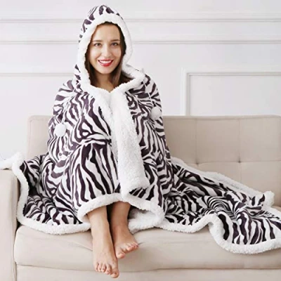 Image of YORKSHIRE HOMEWARE Super Soft Warm Sherpa Fleece Wearable Hoodie Blankets Throws Animal Skin Print Check Designs 130 x 180 cm (Zebra)