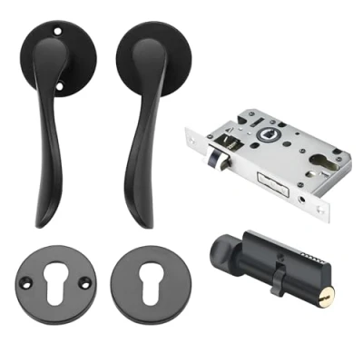 Image of Qrity Privacy Door Aluminium Lever Handles, Round Handles Split Lock, Black Internal Set, for Home and Office