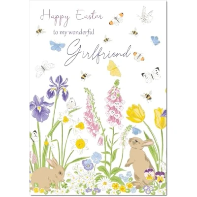 Image of doodlecards Girlfriend Easter Card Spring Flowers with Bunnies Medium Size Plain Envelope