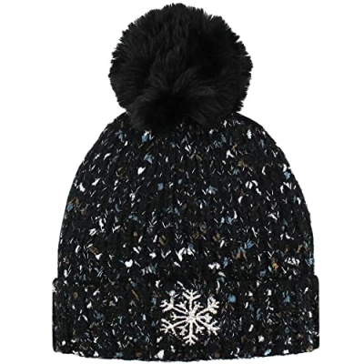 Image of TeddyT&#039;s Women&#039;s Snowflake Fleece Lined Knit Thermal Bobble Hat (Black), S L