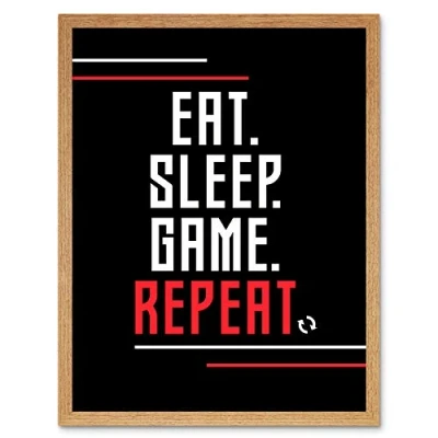Image of Artery8 Video Game Quote Eat Sleep Repeat Stripes Art Print Framed Poster Wall Decor 12x16 inch
