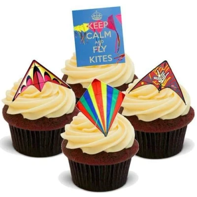 Image of Keep Calm Fly Kites Mix 12 Edible Stand Up Premium Wafer Card Cake Toppers Decorations
