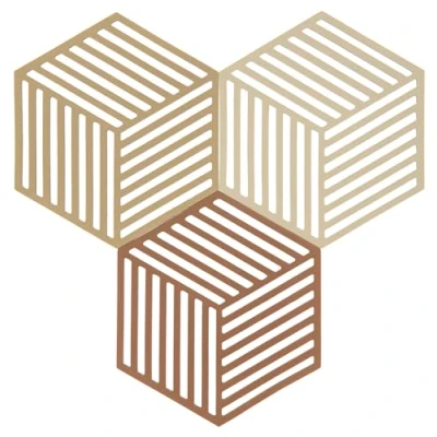 Image of Zone Denmark Hexagon Heat Resistant Silicone Trivets, Practical and Decorative Pot Coasters, 16 x 14 cm, Pack of 3, Khaki/Warm Sand/Almond