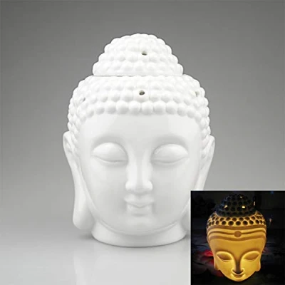 Image of EVERGD Ceramic Buddha Head Statue Hollow Aromatherapy Furnace Oil Burner for Yoga or Meditation Room 5.9X3.93(IN) (White)