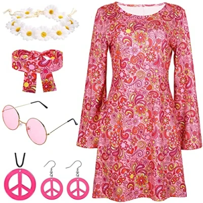 Image of 70s Fancy Dress Women Disco 60s for Hippie Costume with Accessories Hippy Adult 1970s 1960s Clothes 70 Style Ladies Pink Flower Power (S)