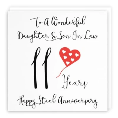 Image of Hunts England Daughter And Son In Law 11th Anniversary Card To A Wonderful &amp; 11 Years Happy Steel Love Heart Collection