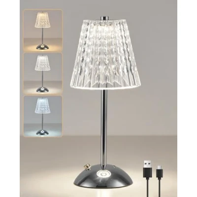 Image of HARPER Living Rechargeable Table Lamp, LED Desk Lamp Battery Operated, 3 Colors &amp; Dimmable Bedside Reading Light Polished Chrome Finish, Cordless Touch Lamps for Bedroom Room Dining