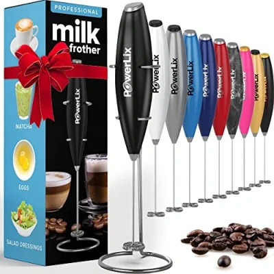 Image of PowerLix Milk Frother Handheld Whisk Electric Foamer with Stainless Steel Stand,15 20s, Powerful 19000rpm, Mini Drink Mixer Coffee for Latte, Cappuccino, Hot Chocolate