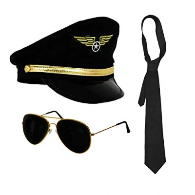 Image of Adults Pilot Fancy Dress Costume Set Black Aviator Pilots Hat, Sunglasses With Lens &amp; Plain Tie