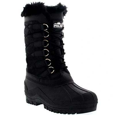 Image of POLAR Womens Nylon Waterproof Weather Outdoor Snow Duck Winter Rain Cuff Lace Boot, Black, 6 UK