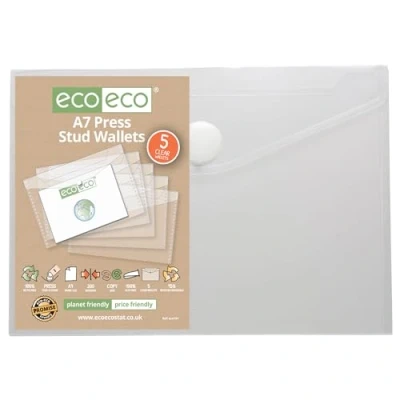 Image of eco A7 95% Recycled Clear Press Stud Popper Wallet, Plastic Folders (Pack of 5), eco154